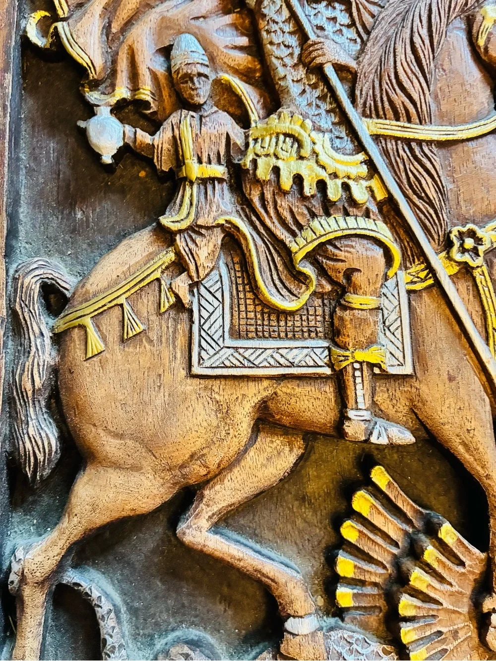 St George Slaying Dragon Carved Wood Relief Icon 3D Orthodox Wall Plaque FEB